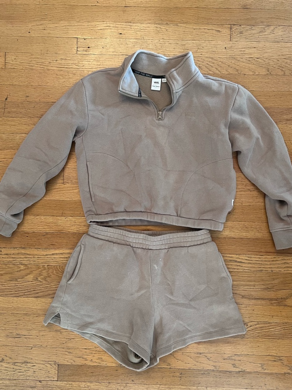 Vans Taupe Cropped Quarter-Zip Sweater & Shorts Set